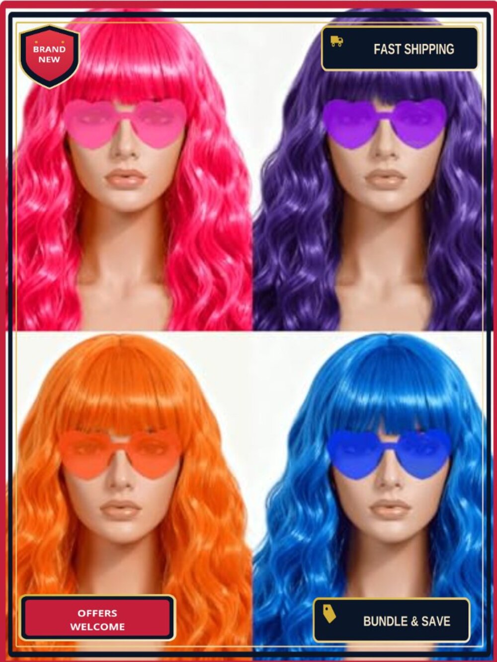 Long Curly Synthetic Wig Set with Heart Sunglasses & Hair Cap